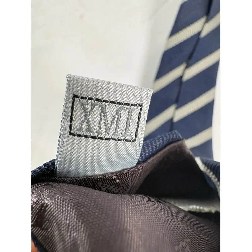 XMI Nordstrom Mens Silk Tie Navy Blue Silver Stripe Hand Sewn USA Necktie